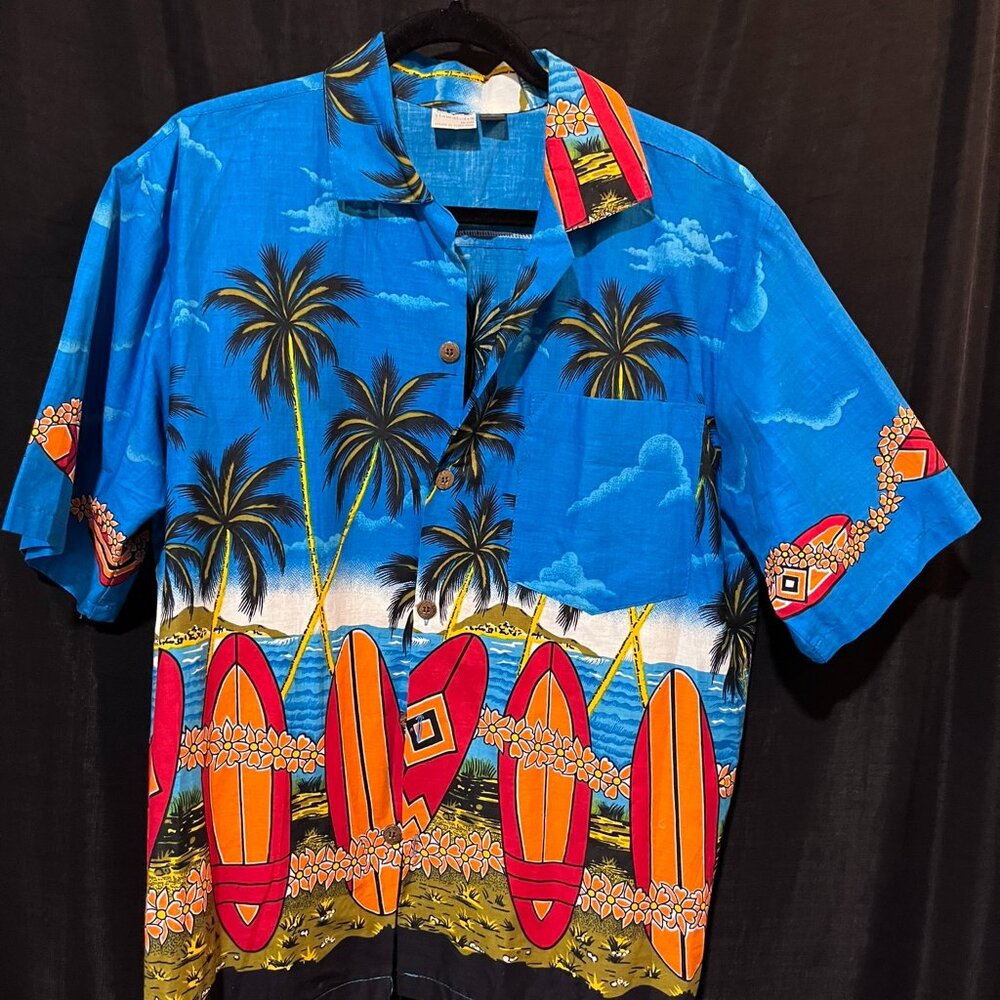 Vintage Basix Hawaiian Shirt Surfboard Palm Trees Blue Rayon Aloha Men's L